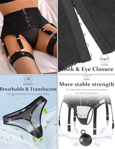 Image of ohyeah Plus Size High Waist Garter Belt Set Lace Mesh Suspender Belt with 6 Vintage Metal Clip for Stockings