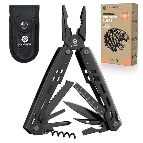 Multitool 17-in-1 Stainless Steel Multi Tool with Pocket Knife Needle Nose Pliers Bottle Opener Screwdriver Self-Locking Professional Multi-Tool for Outdoor Survival Gifts for Men(Black)