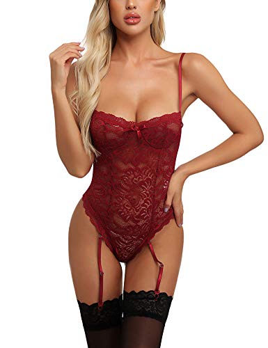 Ababoon Womens Lingerie Lace Bodysuit Cupped Teddy Strappy One Piece with Removable Garter Belt Wine Red