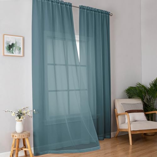 Image of OWENIE Dusty Blue Sheer Curtains 90 Inches Long 2 Panels Set for Living Room Bedroom, Light Filtering Rod Pocket Clear Sheer Curtain 2Pcs, Each 42 inch W x 90 inch L, Total 84 Inch Width