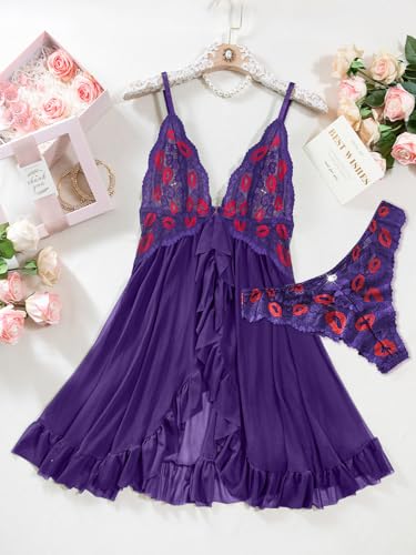 Image of Foxiny Sexy Open Front V Neck Ruffle Sheer Mesh Lace Wireless Babydoll Lingerie Dress with Thong 2 Piece