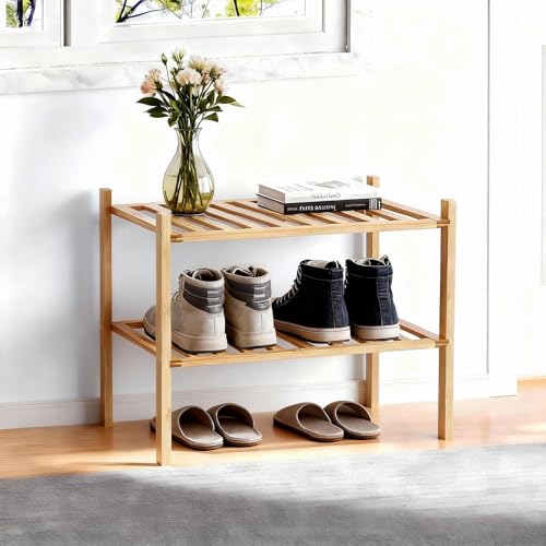 Akloya Small Shoe Rack Multipurpose 2 Tier Shoe Organizers RackSmall Bamboo Shelfs for Shoes Plants Books Living Room Hallway Bedroom Bathroom