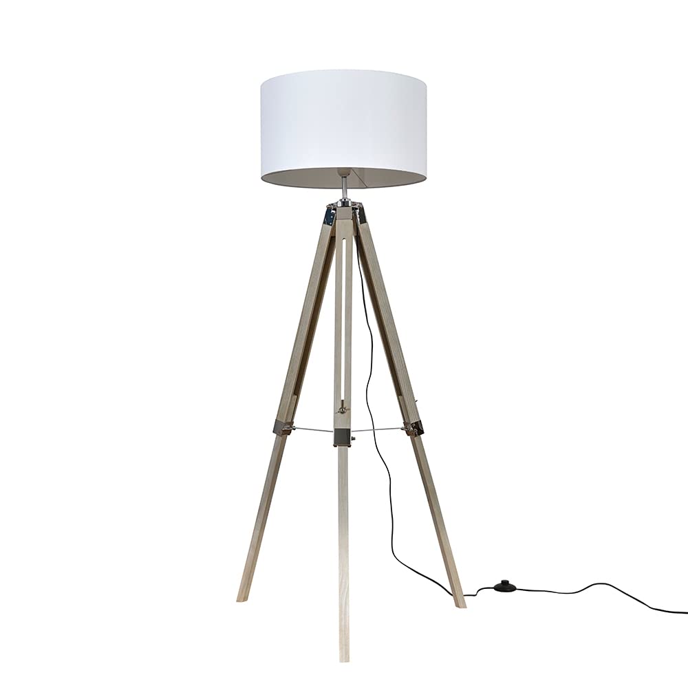 Minisun White | Modern Light Wood & Chrome Tripod Floor Lamp With A Drum Shade | Floor Lamps & Torchieres, Home Décor & Improvement Essential | Includes Bulb [3000K Warm ]