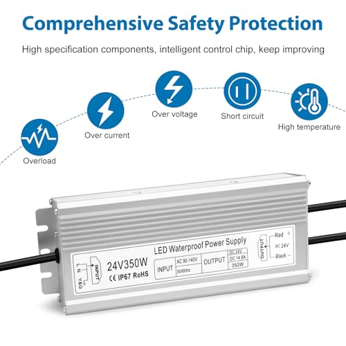 Image of 24V 350W LED Power Supply, IP67 Waterproof LED Driver, Low Voltage Transformer, AC 90-140V to DC 24V 14.6A Converter with 3-Prong Plug 3.3 Ft Cable for Outdoor LED Light, Landscape Light, Industrial