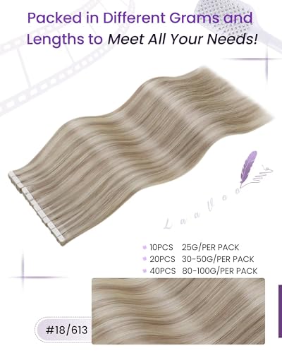 Image of LaaVoo Human Hair Tape in Extensions Ash Blonde Tape in Hair Extensions Human Hair Highlights Blonde with Ash Blondes 00G 40pcs 20Inch