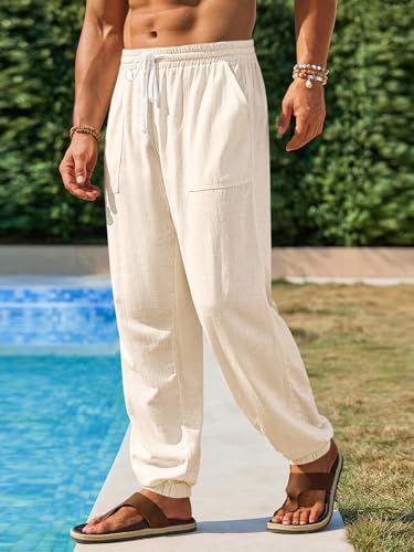 runcati mens casual pants elastic waist drawstring summer cotton jogger pants linen yoga beach trousers with pockets