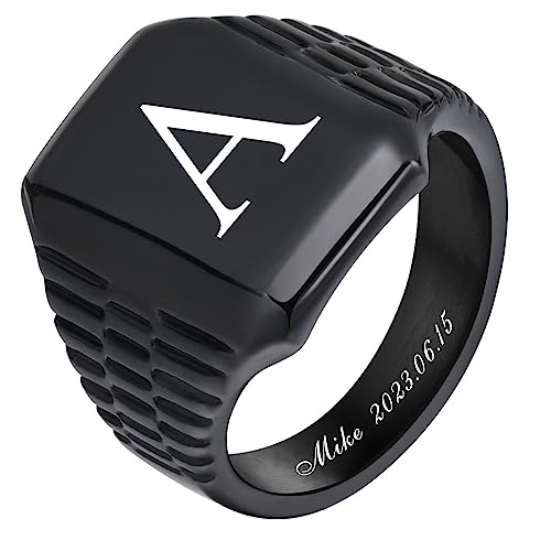 Personalized Initial Signet Ring For Men - 26 Letters Alphabet Geometric Stamp Ring, Women Boys Customized Black Stainless Steel Name Wedding Band,Watch Band Ring,Father's Day Christmas Gift, 12# #TOP13