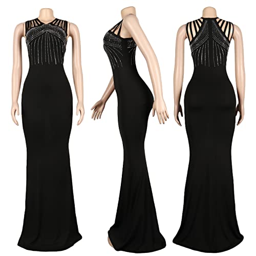 Image of Jigfar Women Sexy Elegant Rhinestone Mesh See Through Party Club Night Split Bodycon Formal Maxi Dress