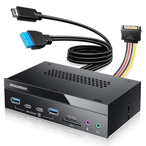 GRAUGEAR 8 interfaces [10 Gbps] Panel Frontal de 5,25 Pulgadas con 2 x USB-C y 2 x USB-A USB 3.2 Gen2 10 Gbps, Lector de Tarjetas SD y microSD, Audio E/S, micrófono, Puertos para Auriculares | Ya disponible en tu tienda friki favorita! En mundofriki.es!