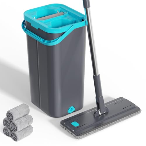 Wischmopp Set mit Eimer,Masthome Bodenwischer mit Auswringfunktion und 6 Mikrofaser Wischpads,2 In 1 Wischmop Set für Alle Hartböden, Grau+Blau