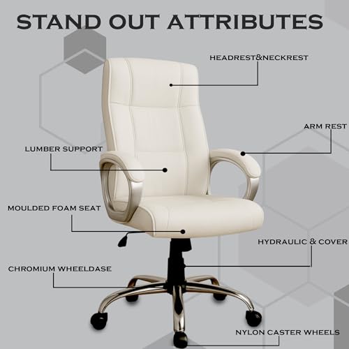 Image of Vista Ergonomic Leatherette Boss Chair for Office | High Back Revolving Chair for Home, Office, Study & Gaming | Height Adjustable Office Chair in Crome Base | 1pc (White)