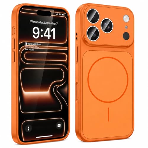 Image of DIZORO Magnetic Case for iPhone 17 Pro Case [Compatible with MagSafe][Built-in Camera Lens Protector] Slim Soft Silicone Bumper Shockproof Metallic Luster Back Cover Phone Case (Orange)
