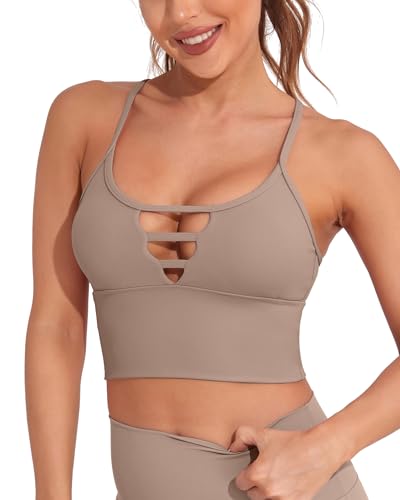 Image of AngiMelo Longline Sports Bras for Women High Support Strappy Push Up Workout Tops Built in Bra Padded Crop Yoga Tank Top