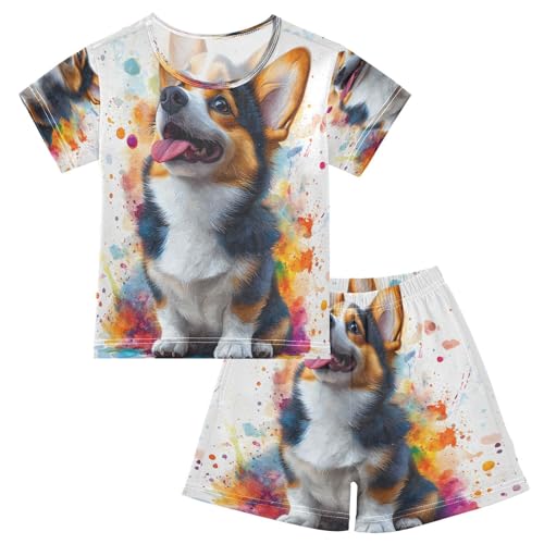 senya Short Sleeve Pajamas Sets Summer Cotton Sleepwear Watercolor Corgi Dog