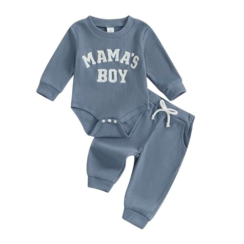 Image of Douhoow Baby Boys Valentine's Day Outfit Sets Long Sleeve Crew Neck Letter Embroidery Romper Drawstring Pants Sets