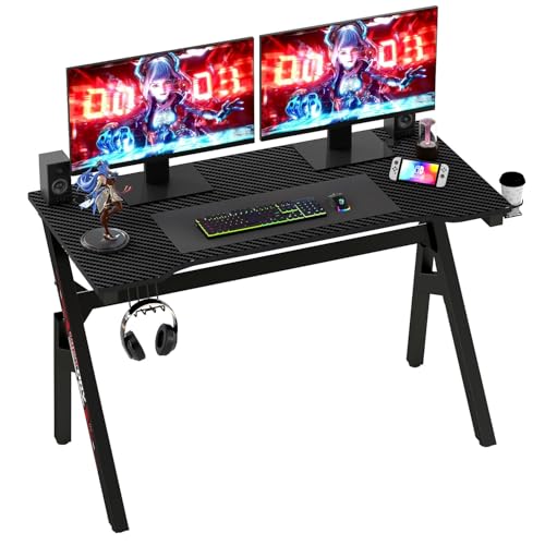 Image of 47 inch Gaming Desk | Black & Red | Carbon Fiber Textured Computer Desk | Sturdy Steel Frame,Cup Holder, Headphone Hook, Cable Management Holes, Adjustable Leg Pads | for Gamers,Home,Office