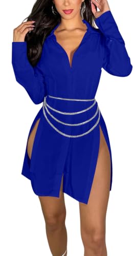 Image of Shirt Dress for Women Sexy Button Down Date Night Dresses Ruched Slit Stand Collar Long Sleeve Blouses