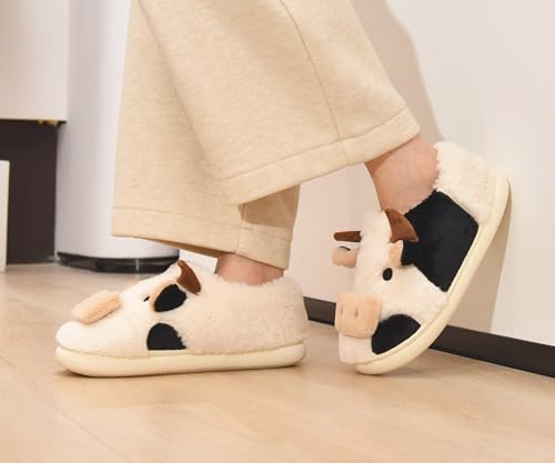 Fuzzy Cow Slippers for Women Men Adults, Fluffy Plush and Cozy Cotton House Slippers for Indoor Outdoor Bedroom, Warm Furry Cow Print Slipper for Winter Spring Fall4