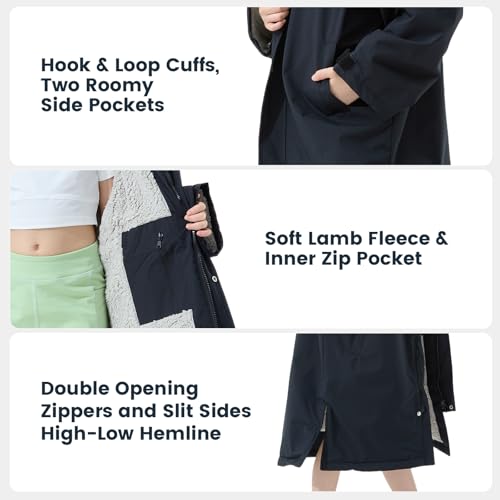 Owntop Waterproof Swim Parka for Kids Youths and Adults - Unisex Hooded Surf Poncho, Oversized High-Low Hem Windproof Changing Robe, Sherpa Winter Warm Beach Towel Jacket with Pockets Black XXS - image 5