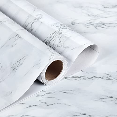 Image of Caltero White Marble Wallpaper 17.7 inch x 78.7 inch White Marble Contact Paper Peel and Stick Wallpaper Self Adhesive Removable Waterproof Marble Wallpaper PVC for Kitchen Countertop Table Shelf Drawer