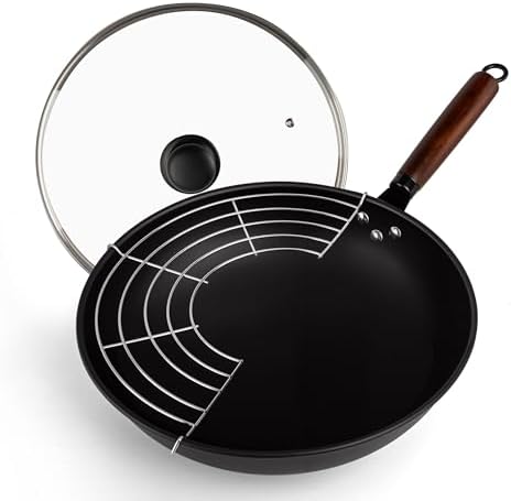 Carbon Steel Wok Pan, Nitrided Pre-Seasoned Round Bottom Woks & Stir-Fry Pans Nonstick, Chinese Wok with Glass Lid & Steel Rack for Gas for All Concave Stovetops, Gift for Chef - 13.4"