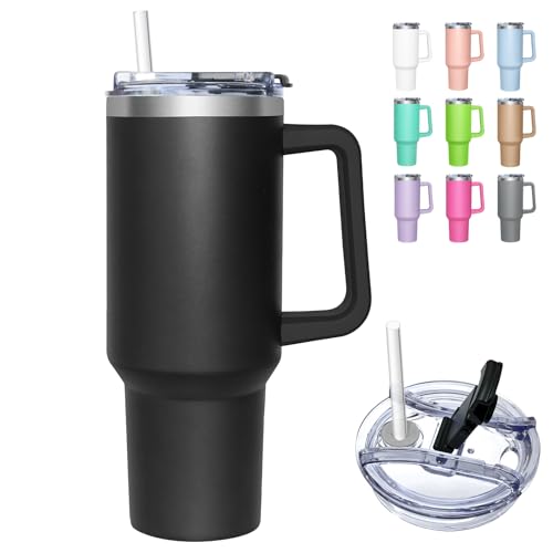 HNCY Thermobecher mit 2-in-1-Deckel 1180ML, Kaffeebecher to go Thermo, Trinkbecher mit Deckel und Strohhalm, Edelstahl Isolierbecher mit Griff, Tumbler Cup für Kalte Heiße Getränke Thermo Becher