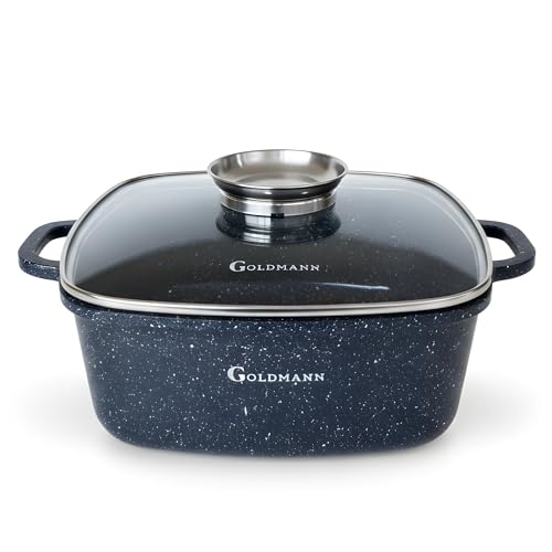 Goldmann 28cm Quadratischer Alu-Guss Bräter (6.5L) mit Glasdeckel, Keramik, Induktion, Aromaknopf, PFOA-frei, Spülfest