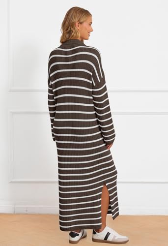 MEROKEETY Women's 2024 Long Sleeve Striped Sweater Dress V Neck Collared Slit Casual Knit Maxi Dresses4