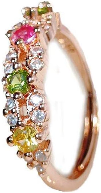 Colorful Dainty Cubic Zirconia Rainbow Round Shape Zircon Statement Ring for Women 18K Rose Gold Plated Eternity Wedding Band Emerald-Cut Rainbow Multi Color Created-Gemstone Eternity Ring