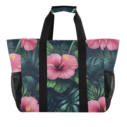 JUNZAN Hibiscus Flowers Tropical Utility Bags And Totes Foldable Beach Tote Sandproof Grocery Shopping Tote Canvas Laundry Bag Travel Pink2