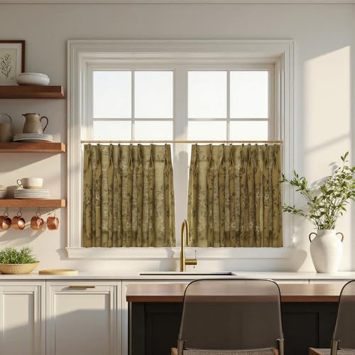Image of TWOPAGES Pinch Pleat Floral Print Cafe Curtains, Copper, 34W x 24L