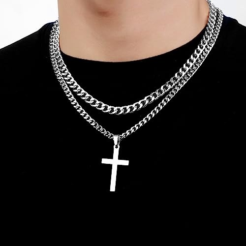 SENRAN Layered Cross Necklace for Men Boys Stainless Steel Layered Cuban Link Chain 16-24 inch Christian Cross Pendant Religious Jewelry Gifts4