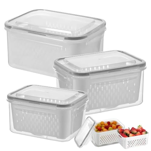 JIESHEPR 3 Pack Airtight Fruit Storage Containers Leak Proof Fridge Containers Fridge Organizers with Lids & Removable Colander for Washing Draining and Extended Food Freshness