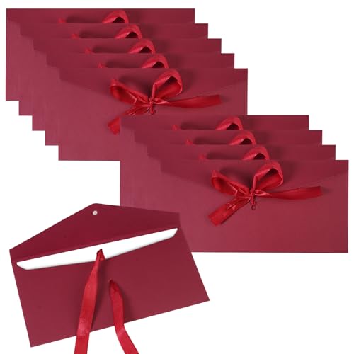 10 Piezas Vintage Kraft Cinta Sobres, 22 x 11 cm Sobre de Color Burdeos, Sobres Bonitos con Cintas, para Regalar, Tarjeta de Boda, Cumpleaños, Felicitacion, Visita Fiesta, Invitaciones, Navidad