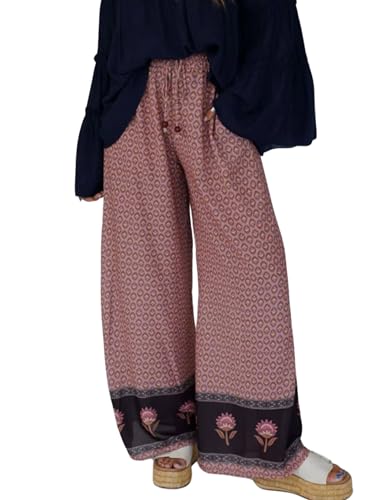 Womens Wide Leg Printed Pants with Stretch Drawstring Waist and Side Pockets Boho Lounge Casual Trousers