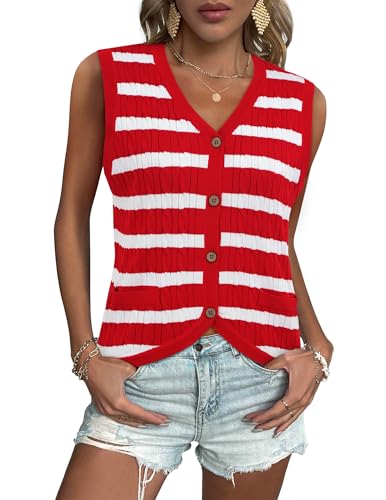 Image of LOOKBOHO Women V Neck Sweater Vest Cable Knit Button Down Striped Tank Top Casual Crochet Knitted Sleeveless Cardigan