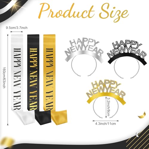 24 Pcs Happy New Year Party Supplies 2025 Include 12 Happy New Year Sash Belt and 12 Headband Accessories for Eve Party Favor Decorations Adult2