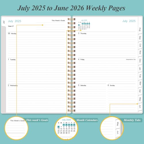Planner 2025-2026 - July 2025 - June 2026, Academic Planner 2025-2026 with Flexible Cover, Tabs, Inner Pocket, Spiral Bound, 6.4" x 8.5", Teal Flowers - Thumbnail 4