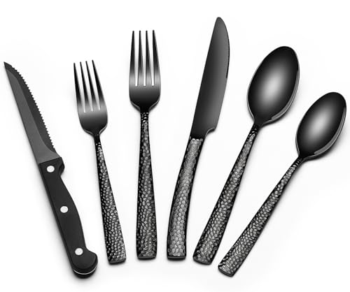 Black Hammered Silverware Set Steak Knives, 24-Piece