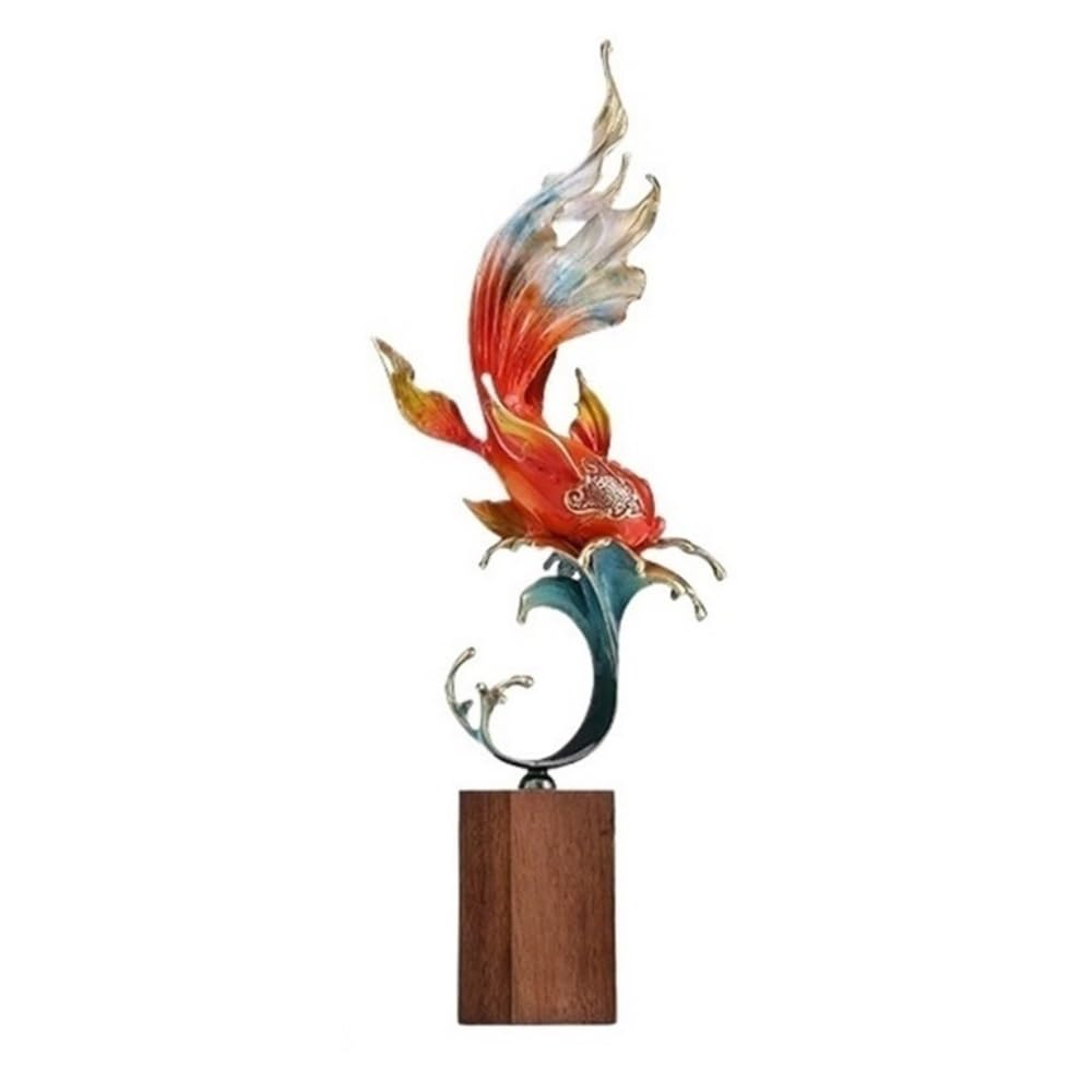 zhuyanbo007 Desk Statue, Copper Koi Carp Ornaments Chinese Style Living Room Feng Shui Decorations with Walnut Base