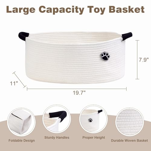 Image of Optish Dog Toy Basket, 30L Toy Box and Bin for Dog Cat Storage, 19.7 inch X 11 inch X 7.9 inch Large Woven Rope Basket for Blankets, Living Room, Bedroom, White