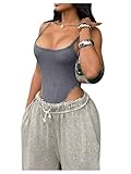 Milumia Women's Spaghetti Strap High Cut Bodysuit Sexy Scoop Neck Knitted Cami Tops Dark Grey Large
