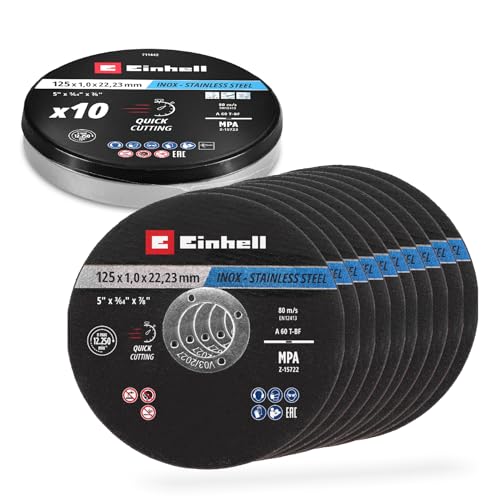 Original Einhell Disques à tronçonner pour le métal, 10 pièces, Ø 125 mm en boîte (tronçonnage rapide, travail du métal, coupe légère, certifiés MPA,...