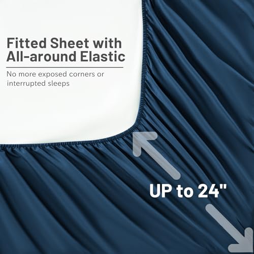 MEISHANG Extra Deep Pocket King Sheets Cotton - 1000 Thread Count Sheets - Fits 18"-24" in Deep Mattress,100% Egyptian Cotton,Sateen Weave, Soft & Breathable - 4 Piece (King, Navy)
