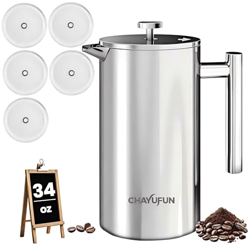 CHAYUFUN Premium Stainless Steel French Press Coffee Maker (5 Pack Filter)- 34oz/1L Thermal...