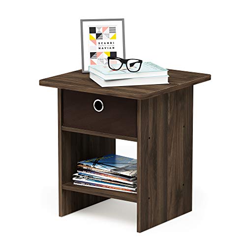 Image of Furinno Dario End Table / Side Table / Night Stand / Bedside Table with Bin Drawer, 1-Pack, Columbia Walnut /Dark Brown