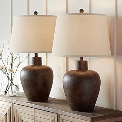 Regency Hill Glenn Farmhouse Rustic Southwestern Natural Cottage Table Lamps 27" Tall Set of 2 Dark Terra Cotta Tapered Fabric Drum Shade Decor for Living Room Bedroom House Bedside Nightstand