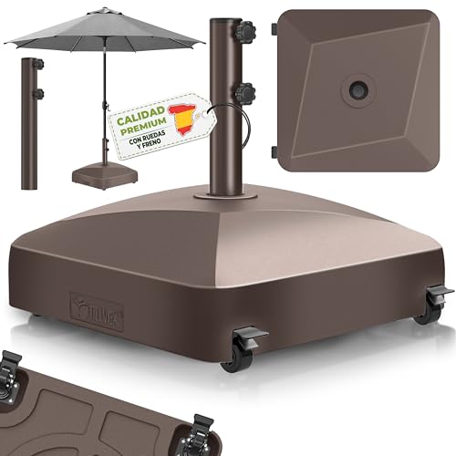 tillvex® Base de sombrilla GRAVIA con Ruedas y Frenos | Soporte de lastre rellenable 37L / 56kg | Pie para Parasol y sombrilla de Mercado Ø 1,8-3,7m | Resistente a la Intemperie y UV (Marrón)