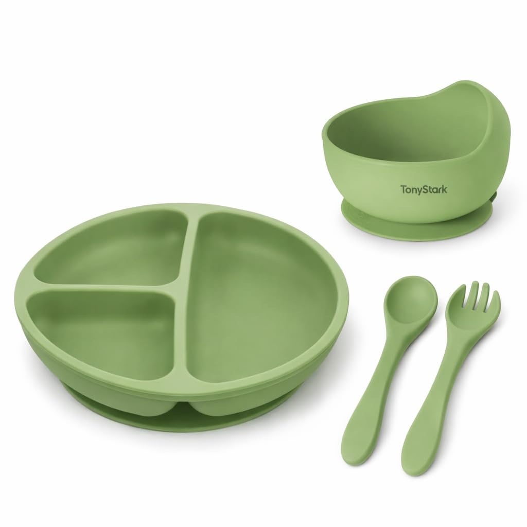 Tony Stark Feeding Set, Silicone Tableware Kit for Baby, Bowl, Fork, Spoon & Suction Plates (Green)
