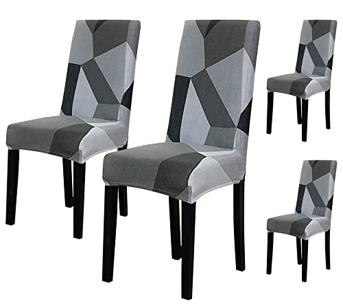 Image of House of Quirk Elastic Chair Cover Stretch Removable Washable Short Dining Chair Cover Protector Seat Slipcover (Pack of 4, Grey Dark Grey Prism)